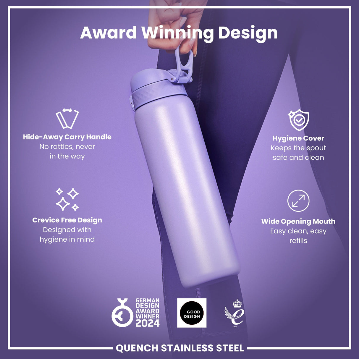 ION8 Leak Proof 1 Litre Water Bottle, Stainless Steel, Light Purple, 1L