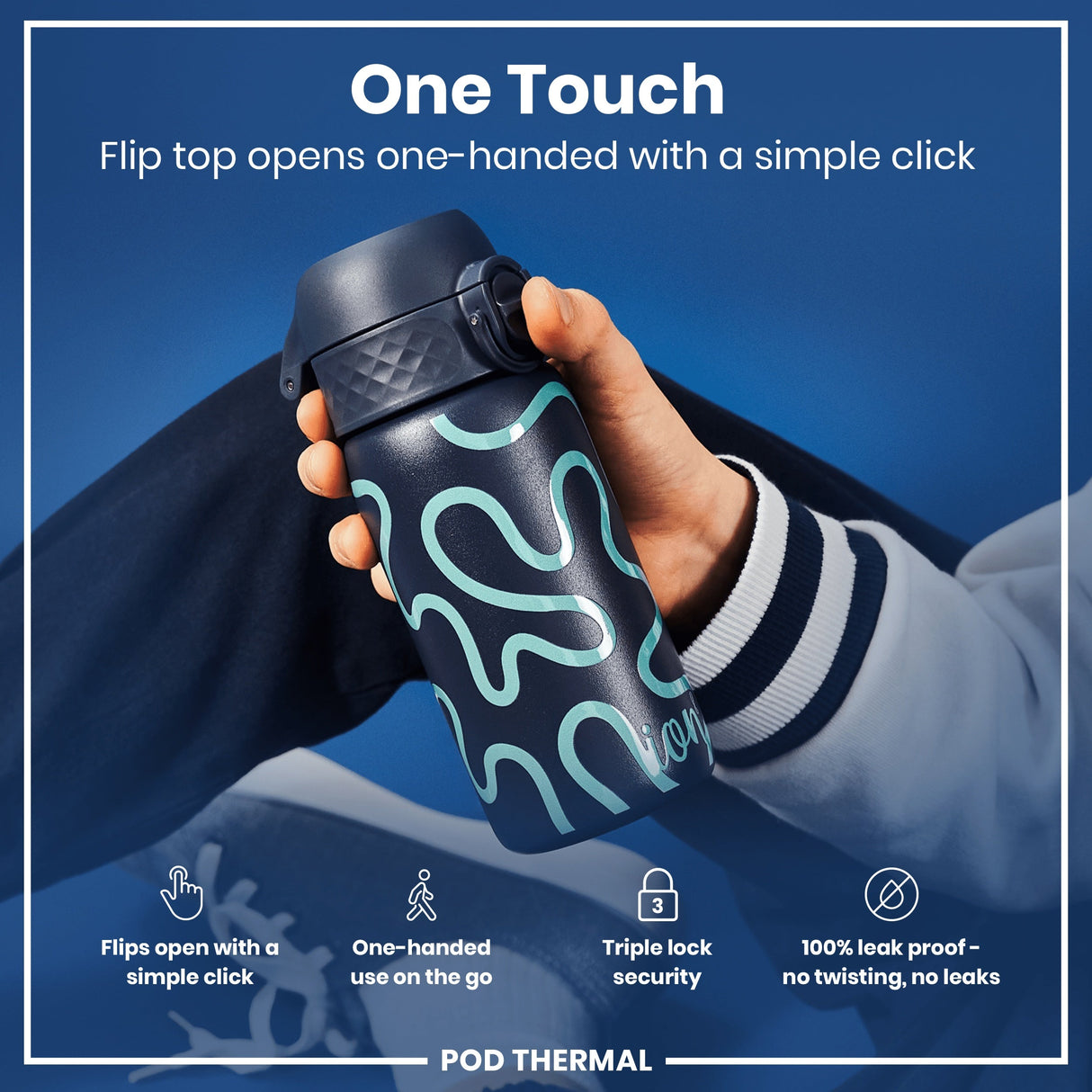 ION8 Leak Proof Thermal Steel Water Bottle, Insulated, Squiggly Line, 320ml (11oz)