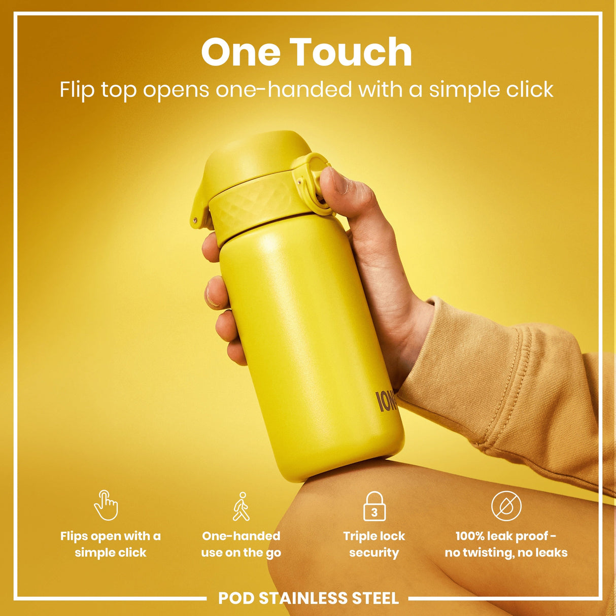 ION8 Leak Proof Kids Water Bottle, Stainless Steel, Yellow, 400ml (13oz)