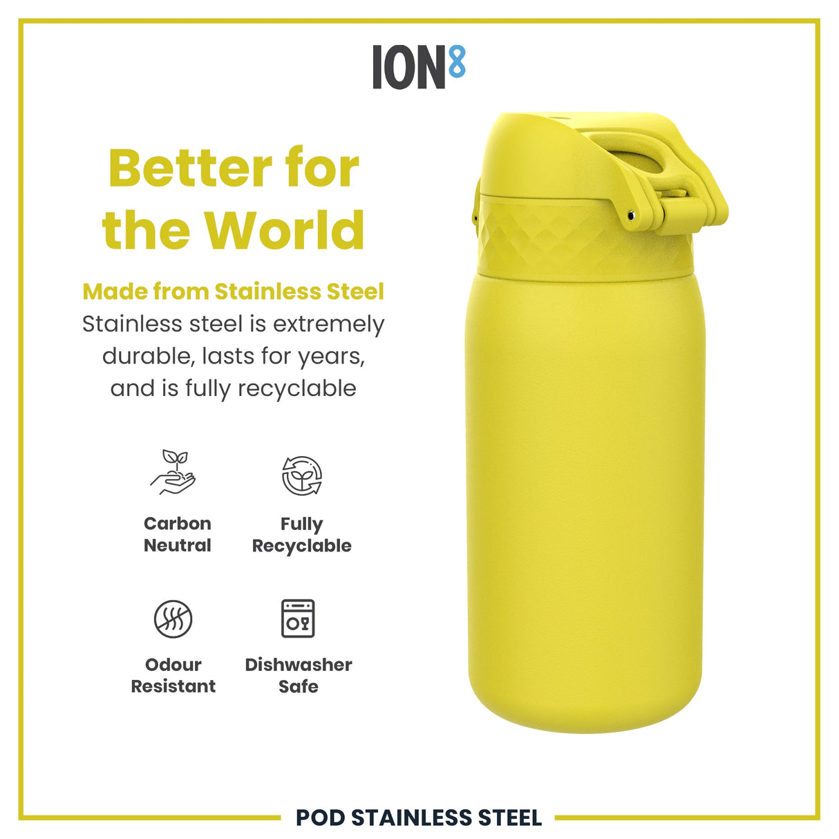 ION8 Leak Proof Kids Water Bottle, Stainless Steel, Yellow, 400ml (13oz)