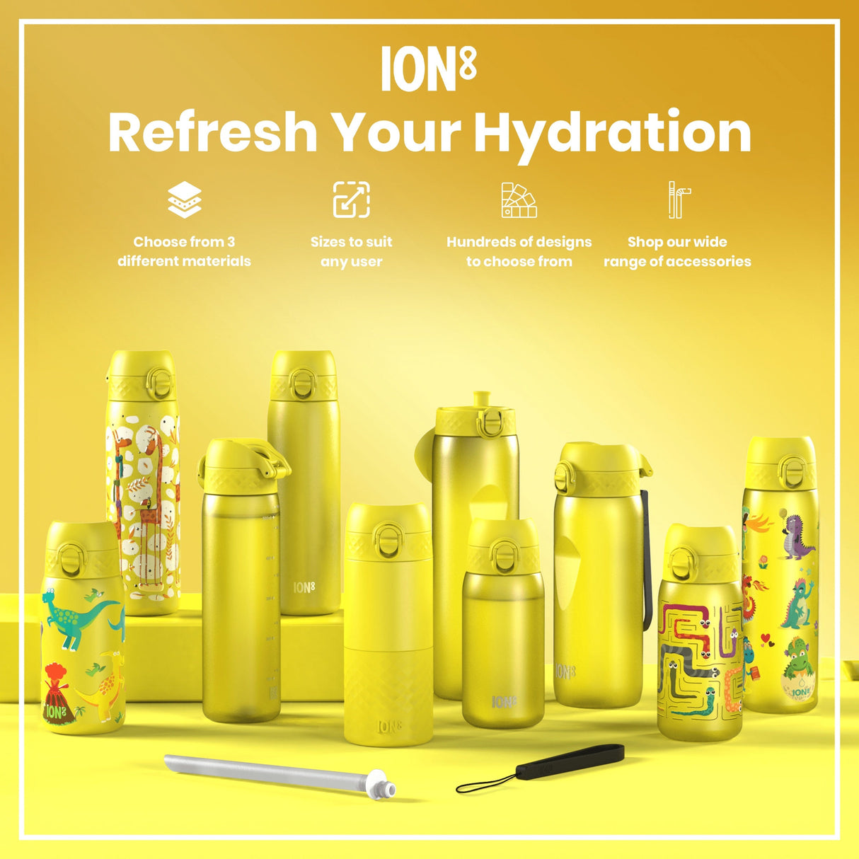 ION8 Leak Proof Kids Water Bottle, Stainless Steel, Yellow, 400ml (13oz)