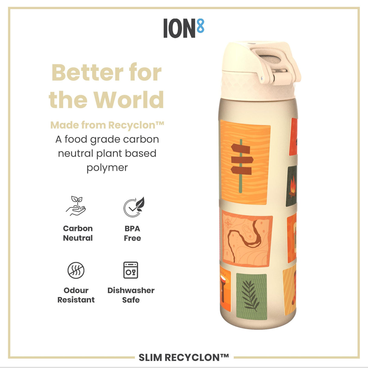 ION8 Leak Proof Slim Water Bottle, Recyclon, Camping, 500ml (18oz)