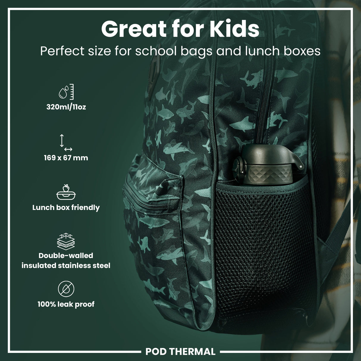 ION8 Leak Proof Thermal Steel Water Bottle, Insulated, Dark Green, 320ml (11oz)