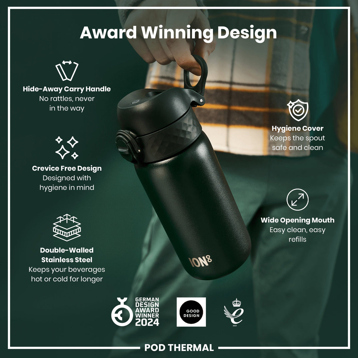 ION8 Leak Proof Thermal Steel Water Bottle, Insulated, Dark Green, 320ml (11oz)