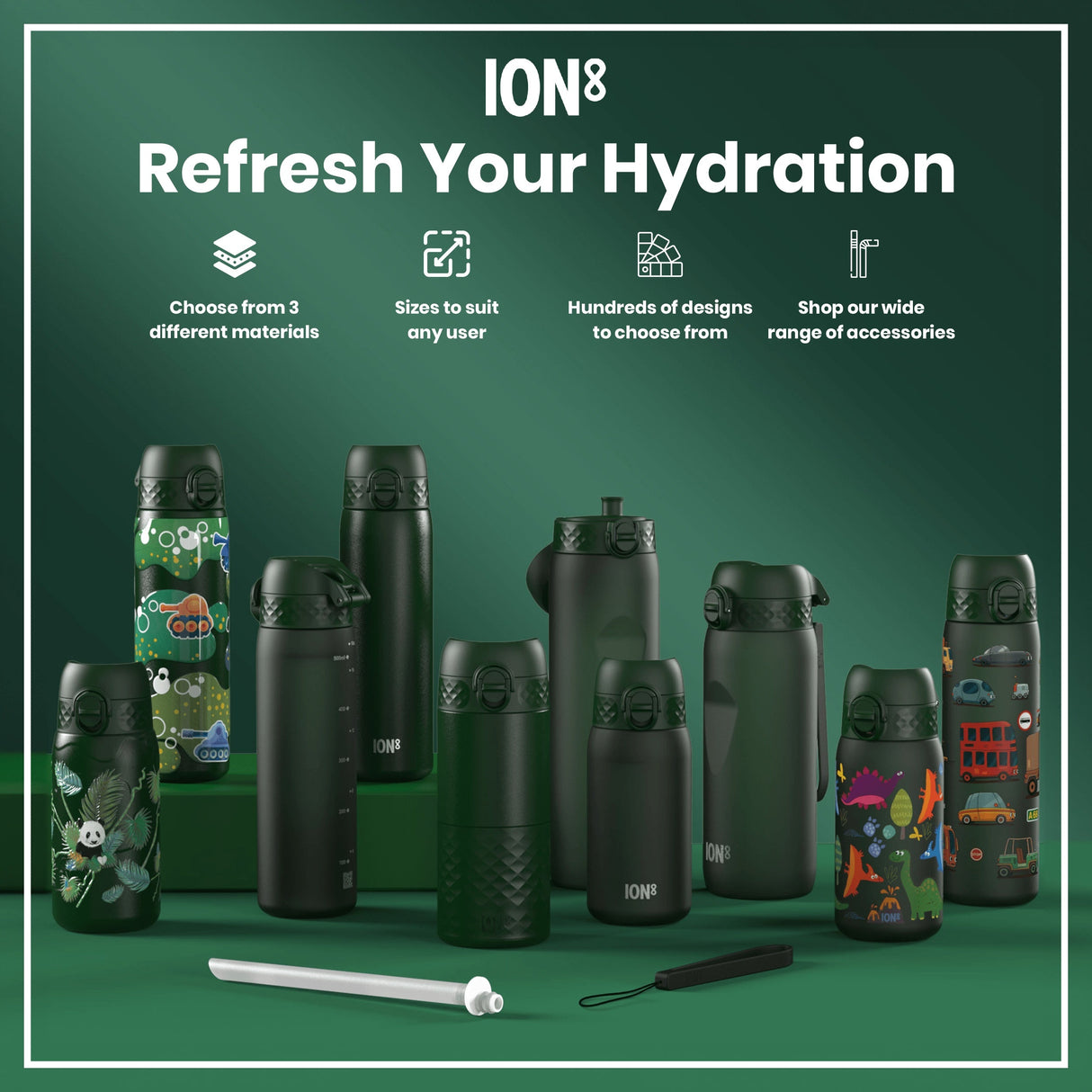 ION8 Leak Proof Thermal Steel Water Bottle, Insulated, Dark Green, 320ml (11oz)