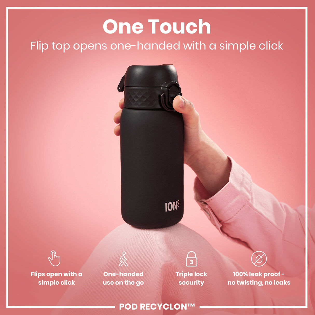 ION8 Leak Proof Small Water Bottle With Straw, Recyclon, Black, 350ml (12oz)