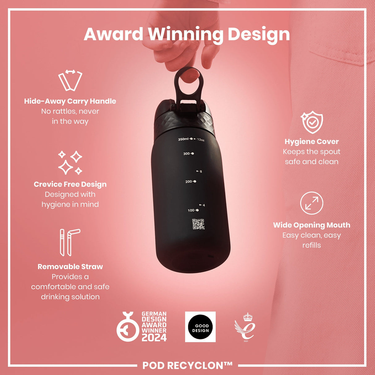 ION8 Leak Proof Small Water Bottle With Straw, Recyclon, Black, 350ml (12oz)