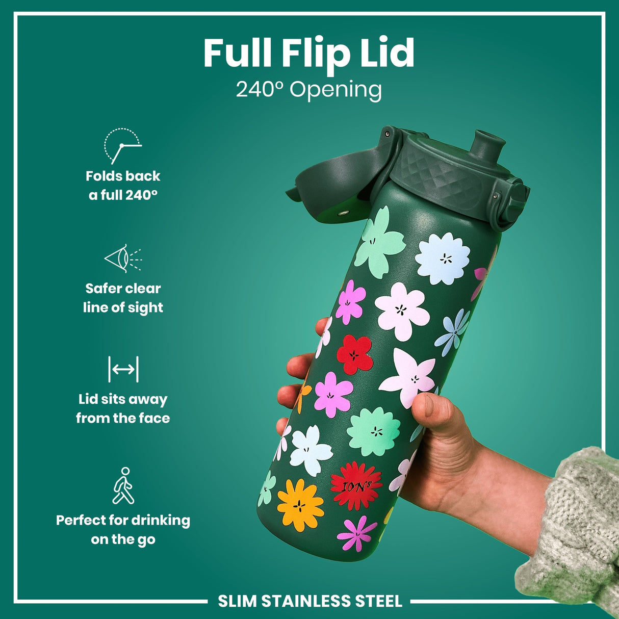 ION8 Leak Proof Slim Water Bottle, Stainless Steel, Floral, 600ml (20oz)
