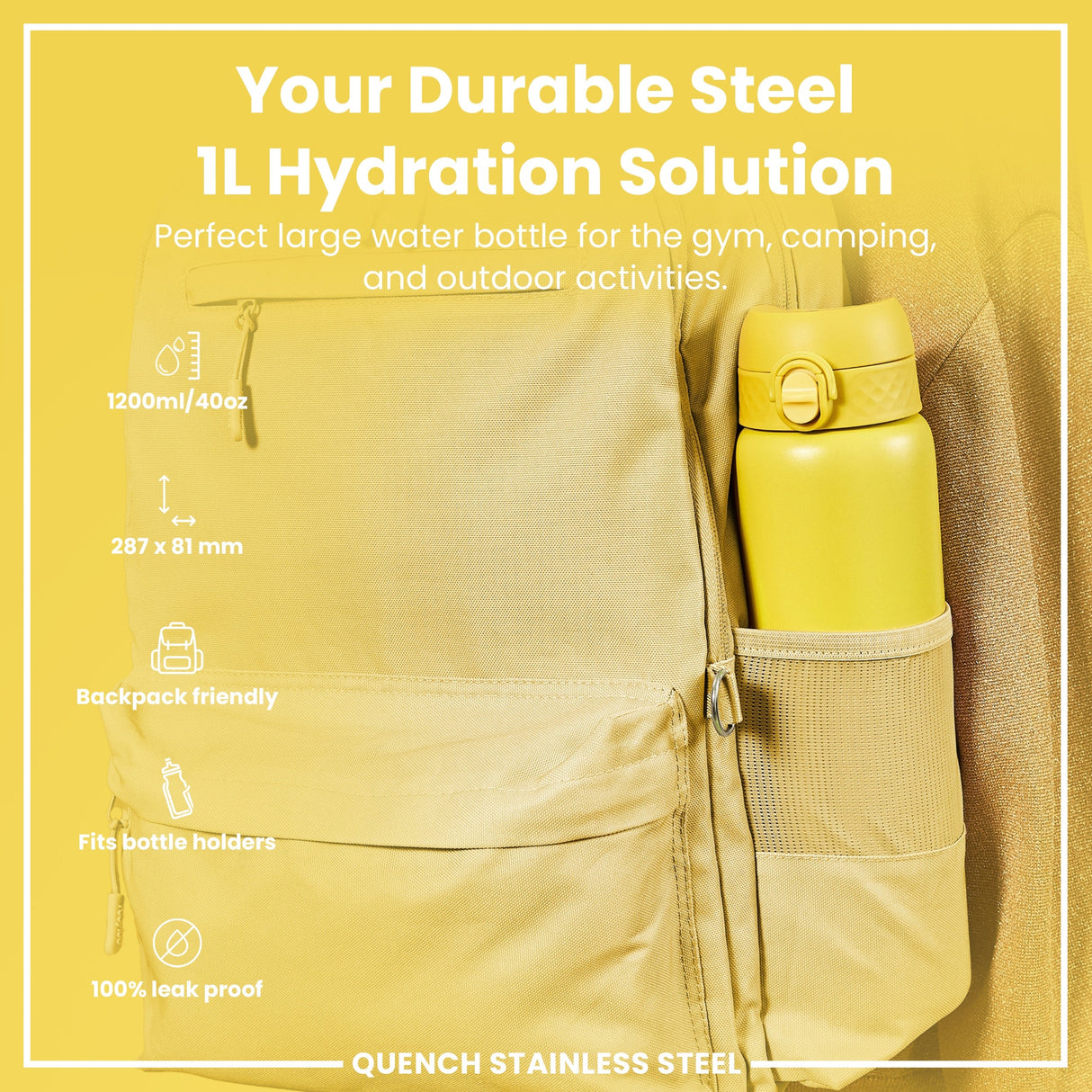 ION8 Leak Proof 1 Litre Water Bottle, Stainless Steel, Yellow, 1L