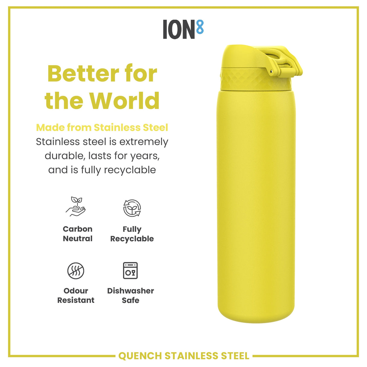 ION8 Leak Proof 1 Litre Water Bottle, Stainless Steel, Yellow, 1L