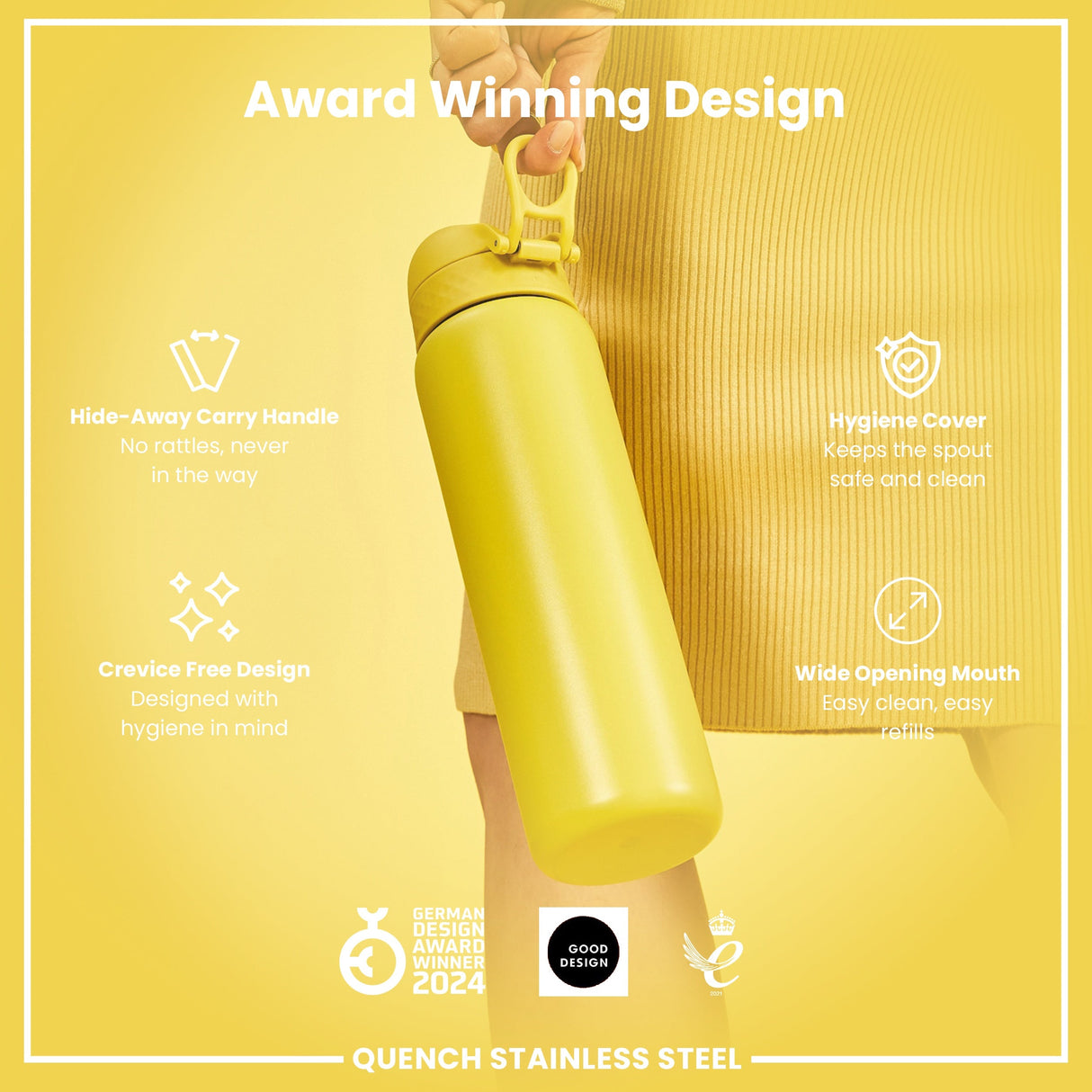 ION8 Leak Proof 1 Litre Water Bottle, Stainless Steel, Yellow, 1L