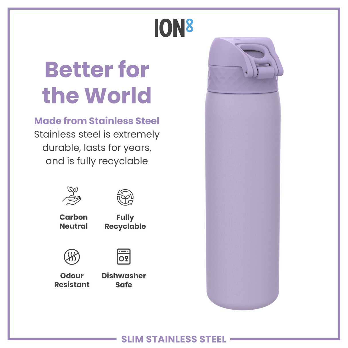 ION8 Leak Proof Slim Water Bottle, Stainless Steel, Light Purple, 600ml (20oz)