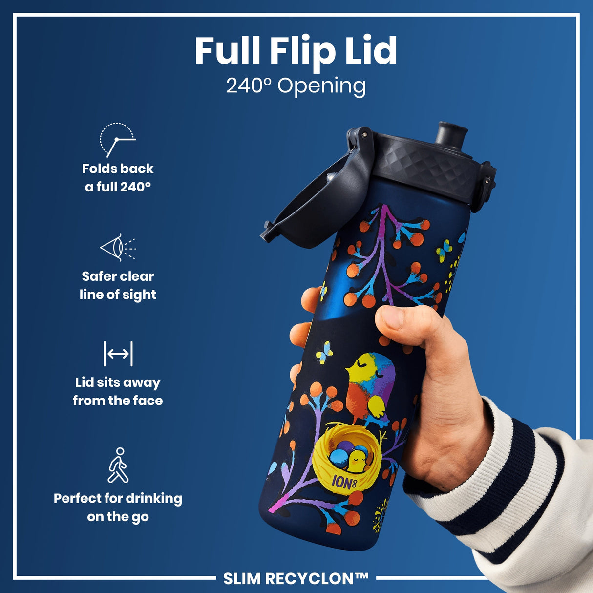 ION8 Leak Proof Slim Water Bottle, Recyclon, Birds, 500ml (18oz)