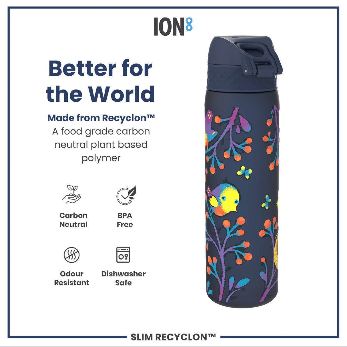ION8 Leak Proof Slim Water Bottle, Recyclon, Birds, 500ml (18oz)