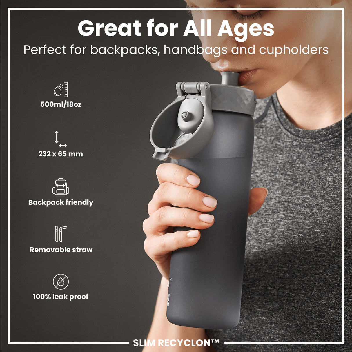 ION8 Leak Proof Medium Water Bottle with Straw, Recyclon, Grey, 500ml (18oz)