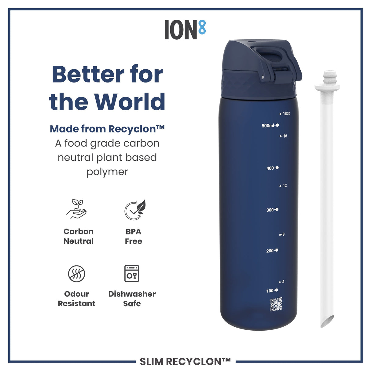ION8 Leak Proof Medium Water Bottle with Straw, Recyclon, Navy, 500ml (18oz)