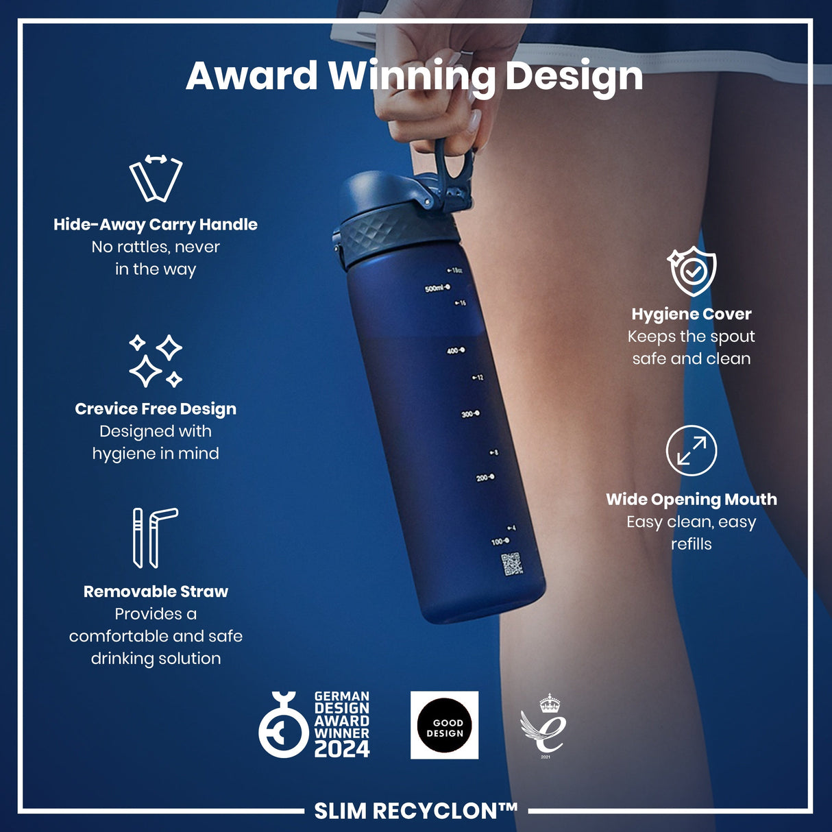 ION8 Leak Proof Medium Water Bottle with Straw, Recyclon, Navy, 500ml (18oz)