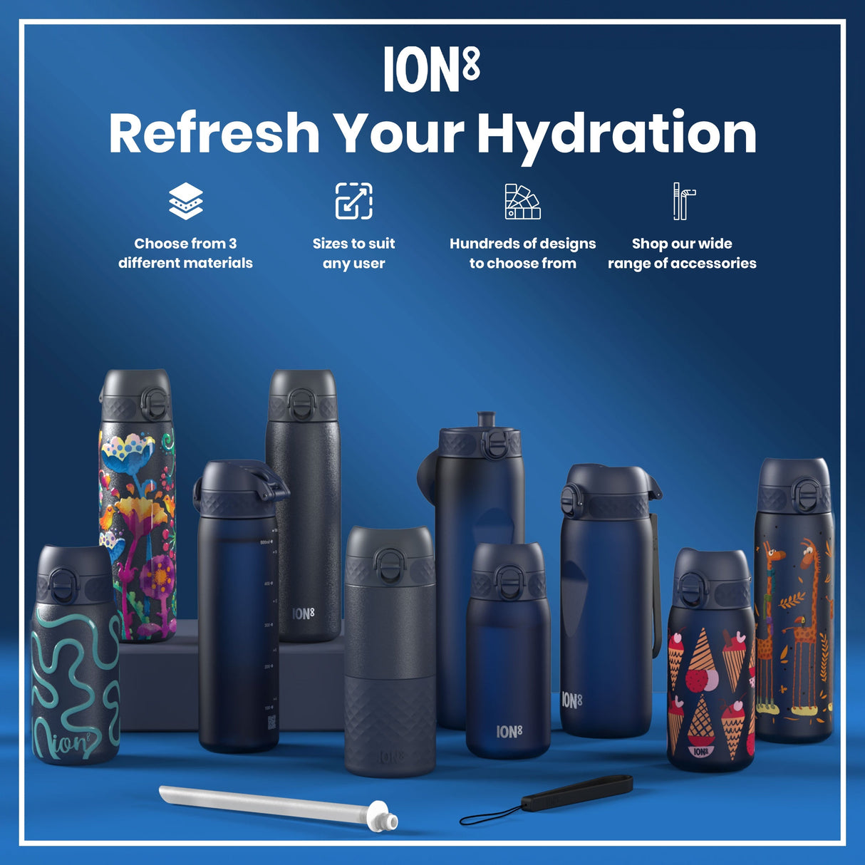 ION8 Leak Proof Medium Water Bottle with Straw, Recyclon, Navy, 500ml (18oz)