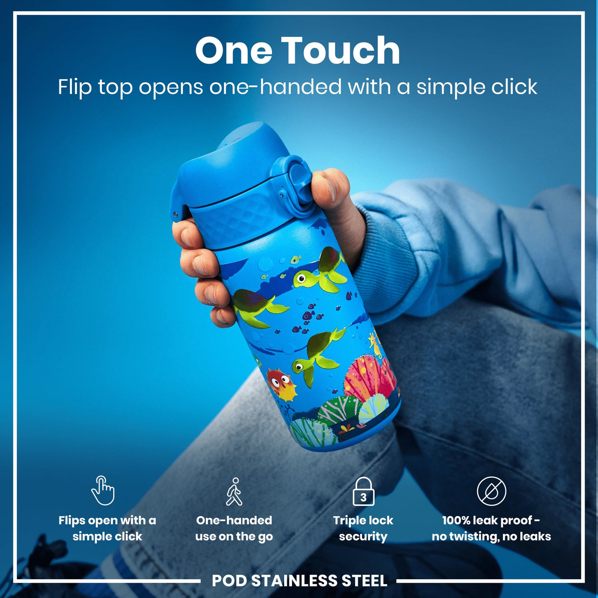 ION8 Leak Proof Kids Water Bottle, Stainless Steel, Sea Turtle, 400ml (13oz)