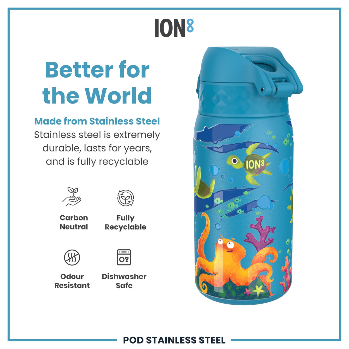 ION8 Leak Proof Kids Water Bottle, Stainless Steel, Sea Turtle, 400ml (13oz)