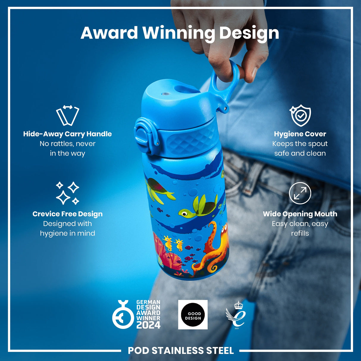 ION8 Leak Proof Kids Water Bottle, Stainless Steel, Sea Turtle, 400ml (13oz)