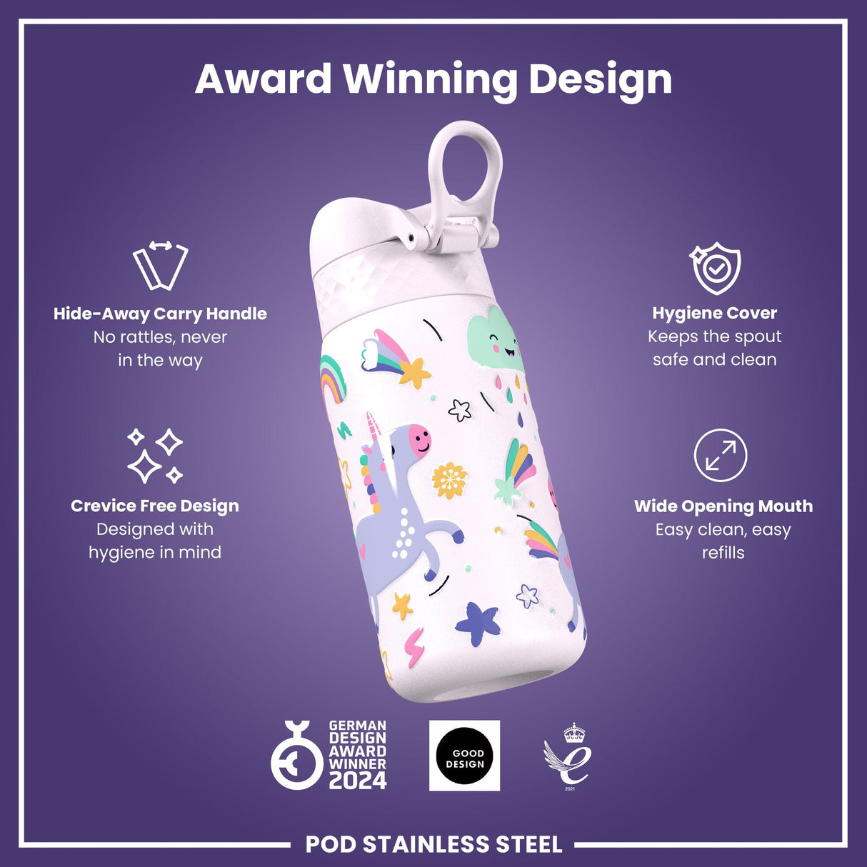 ION8 Leak Proof Kids Water Bottle, Stainless Steel, Unicorns, 400ml (13oz)