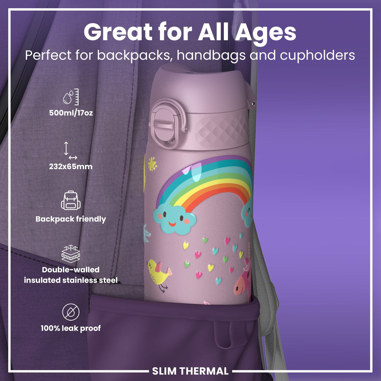 ION8 Leak Proof Slim Thermal Steel Water Bottle, Insulated, Unicorns, 500ml (17oz)