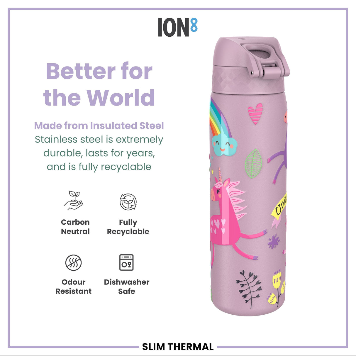 ION8 Leak Proof Slim Thermal Steel Water Bottle, Insulated, Unicorns, 500ml (17oz)