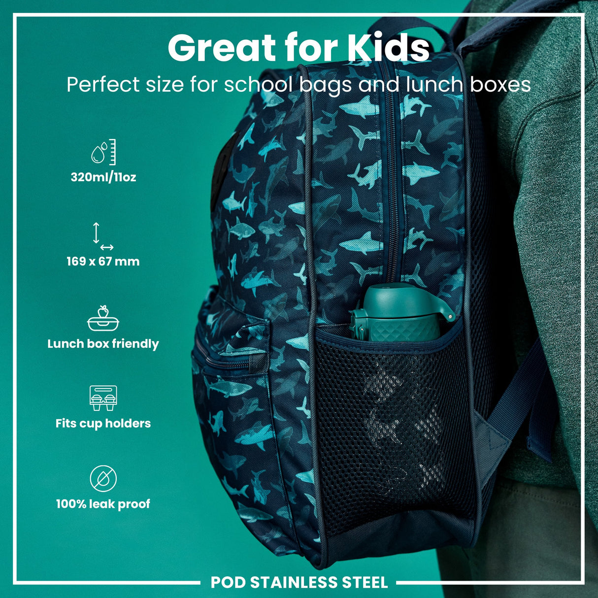 ION8 Leak Proof Thermal Steel Water Bottle, Insulated, Sharks, 320ml (11oz)