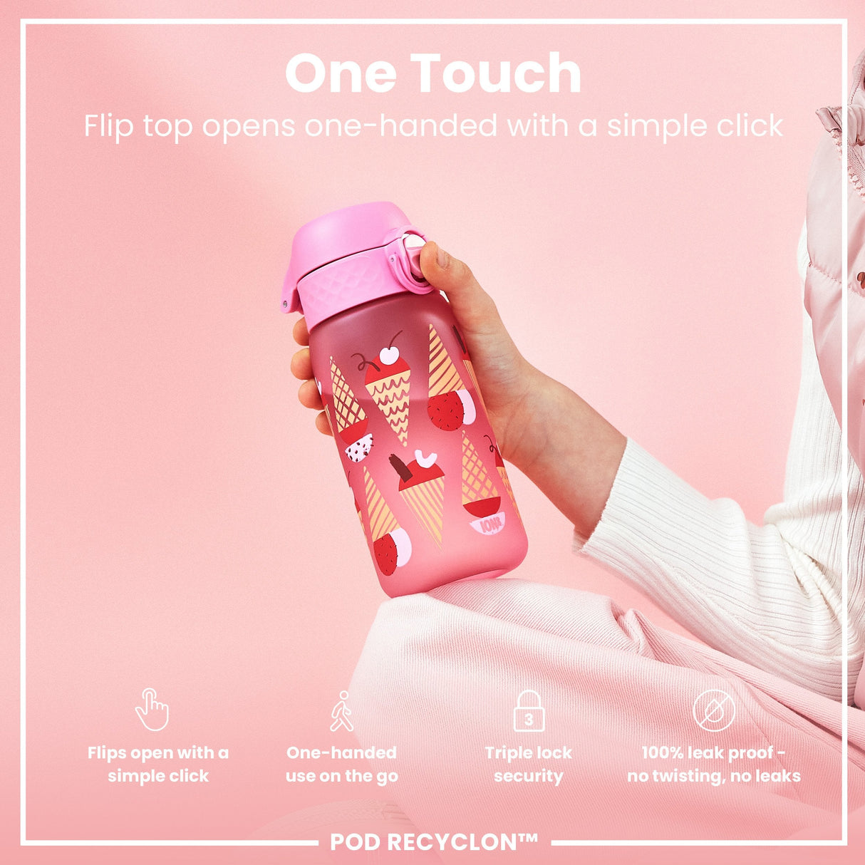 ION8 Leak Proof Kids Water Bottle, Recyclon, Ice Creams, 350ml (12oz)