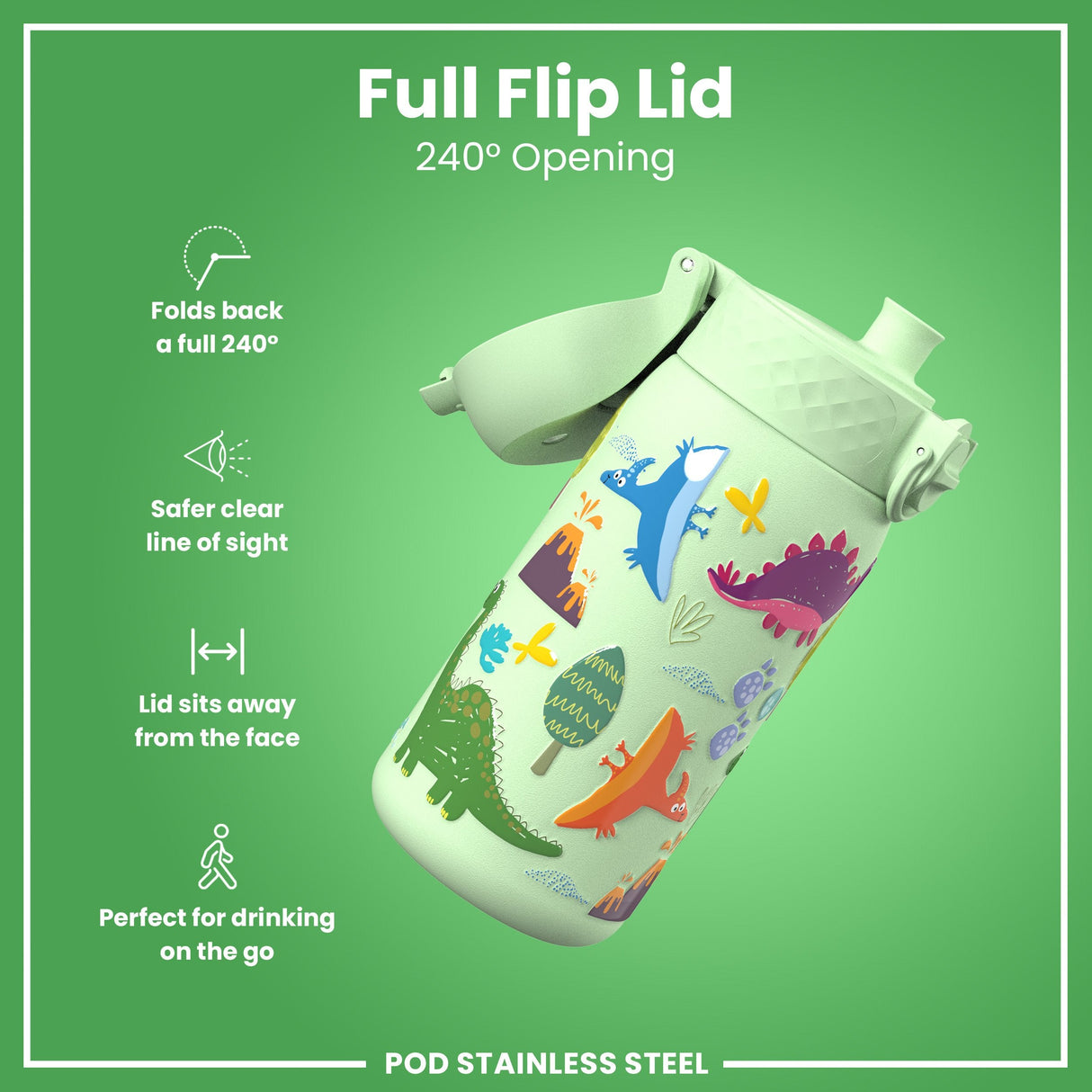 ION8 Leak Proof Thermal Steel Water Bottle, Insulated, Dinosaurs, 320ml (11oz)