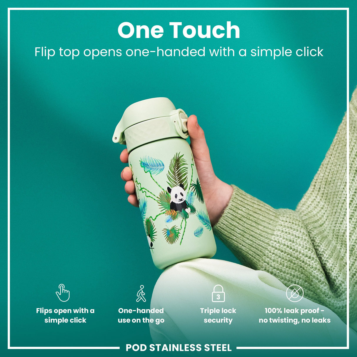 ION8 Leak Proof Kids Water Bottle, Stainless Steel, Pandas, 400ml (13oz)