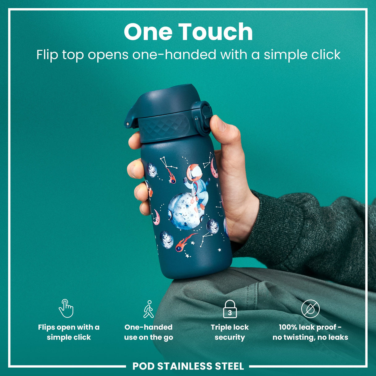 ION8 Leak Proof Thermal Steel Water Bottle, Insulated, Space, 320ml (11oz)