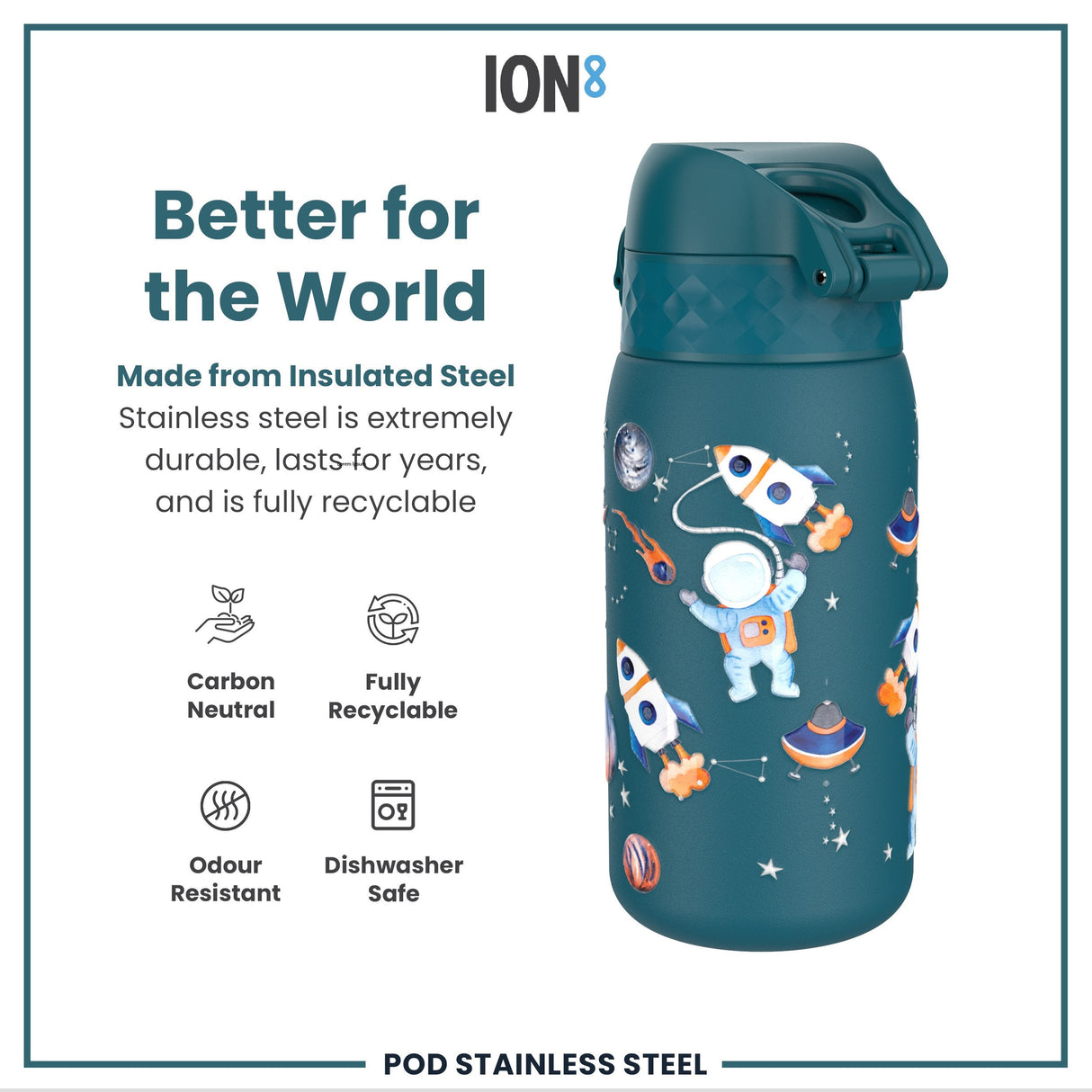 ION8 Leak Proof Thermal Steel Water Bottle, Insulated, Space, 320ml (11oz)