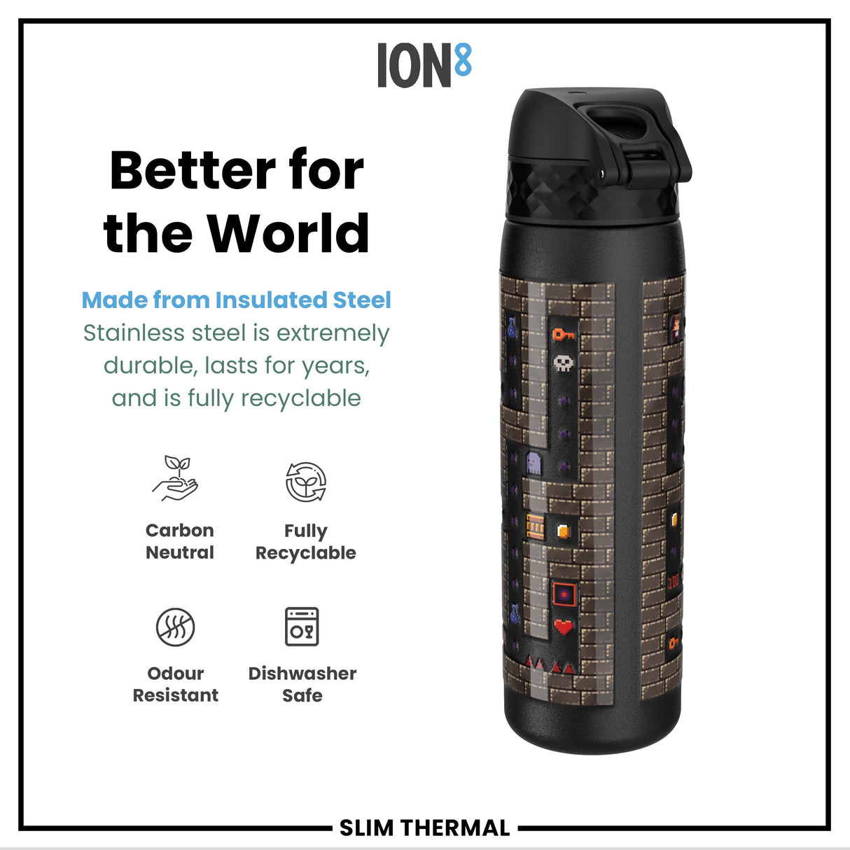 ION8 Leak Proof Slim Thermal Water Bottle, Insulated Steel, Gamer, 500ml (17oz)