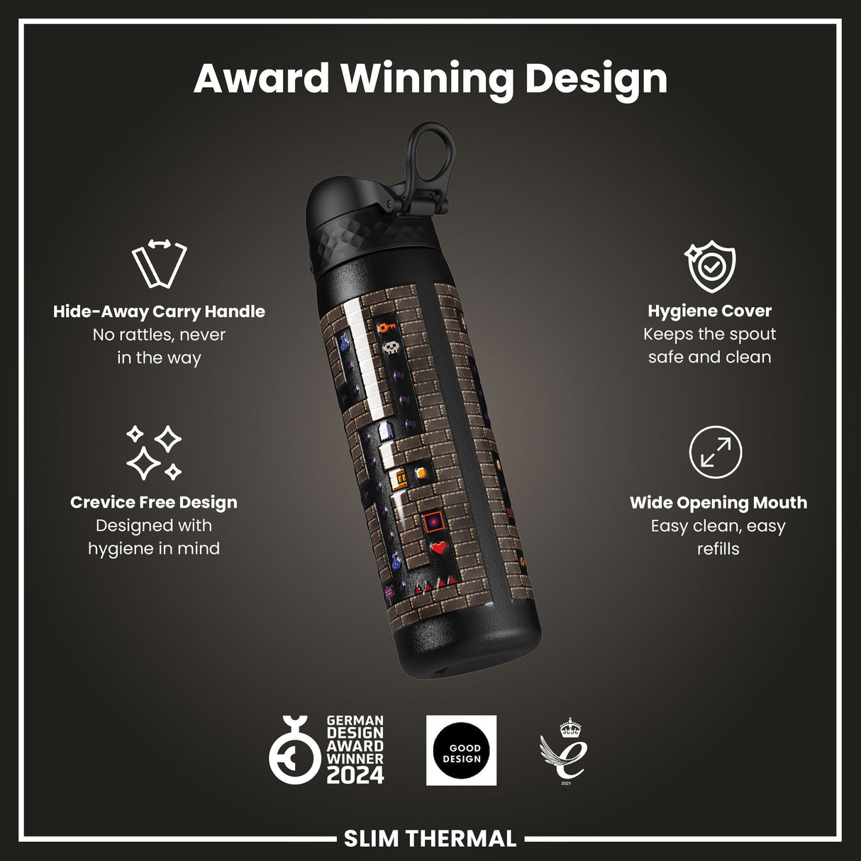 ION8 Leak Proof Slim Thermal Water Bottle, Insulated Steel, Gamer, 500ml (17oz)