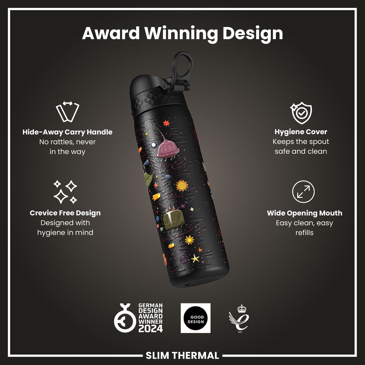 ION8 Leak Proof Slim Thermal Water Bottle, Insulated Steel, Spaceships, 500ml (17oz)