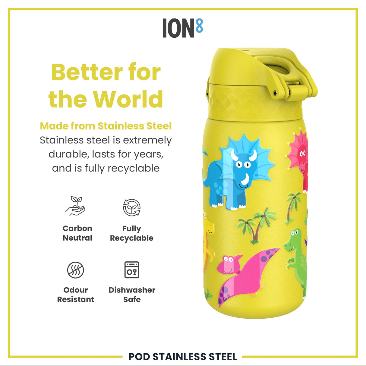 ION8 Leak Proof Kids Water Bottle, Stainless Steel, Dinosaurs, 400ml (13oz)