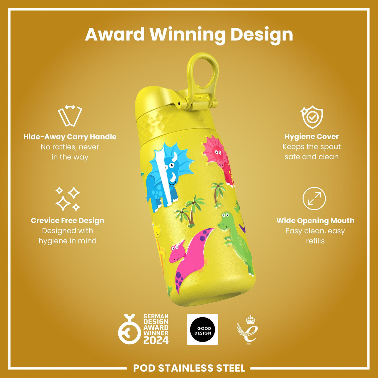 ION8 Leak Proof Kids Water Bottle, Stainless Steel, Dinosaurs, 400ml (13oz)