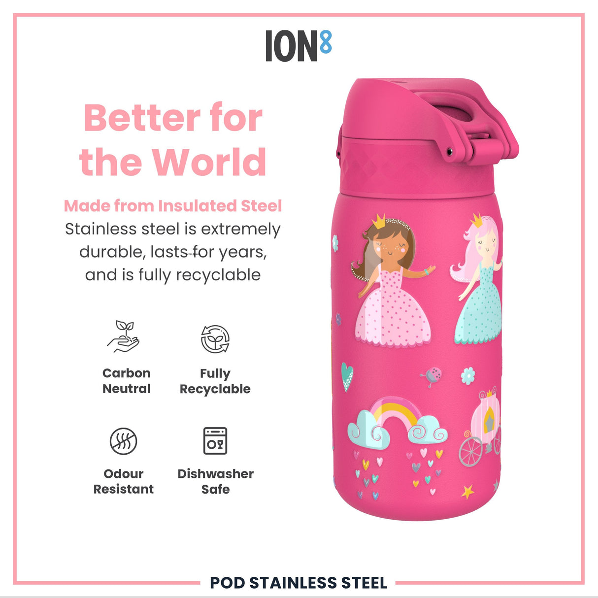 ION8 Leak Proof Thermal Steel Water Bottle, Insulated, Princess, 320ml (11oz)
