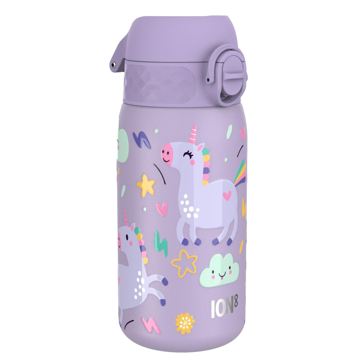 ION8 Leak Proof Kids Water Bottle, Stainless Steel, Purple Unicorns, 400ml (13oz)