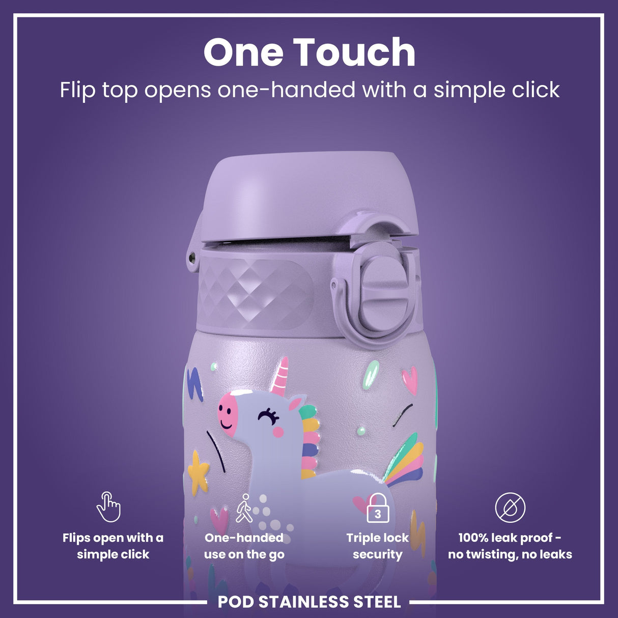 ION8 Leak Proof Kids Water Bottle, Stainless Steel, Purple Unicorns, 400ml (13oz)