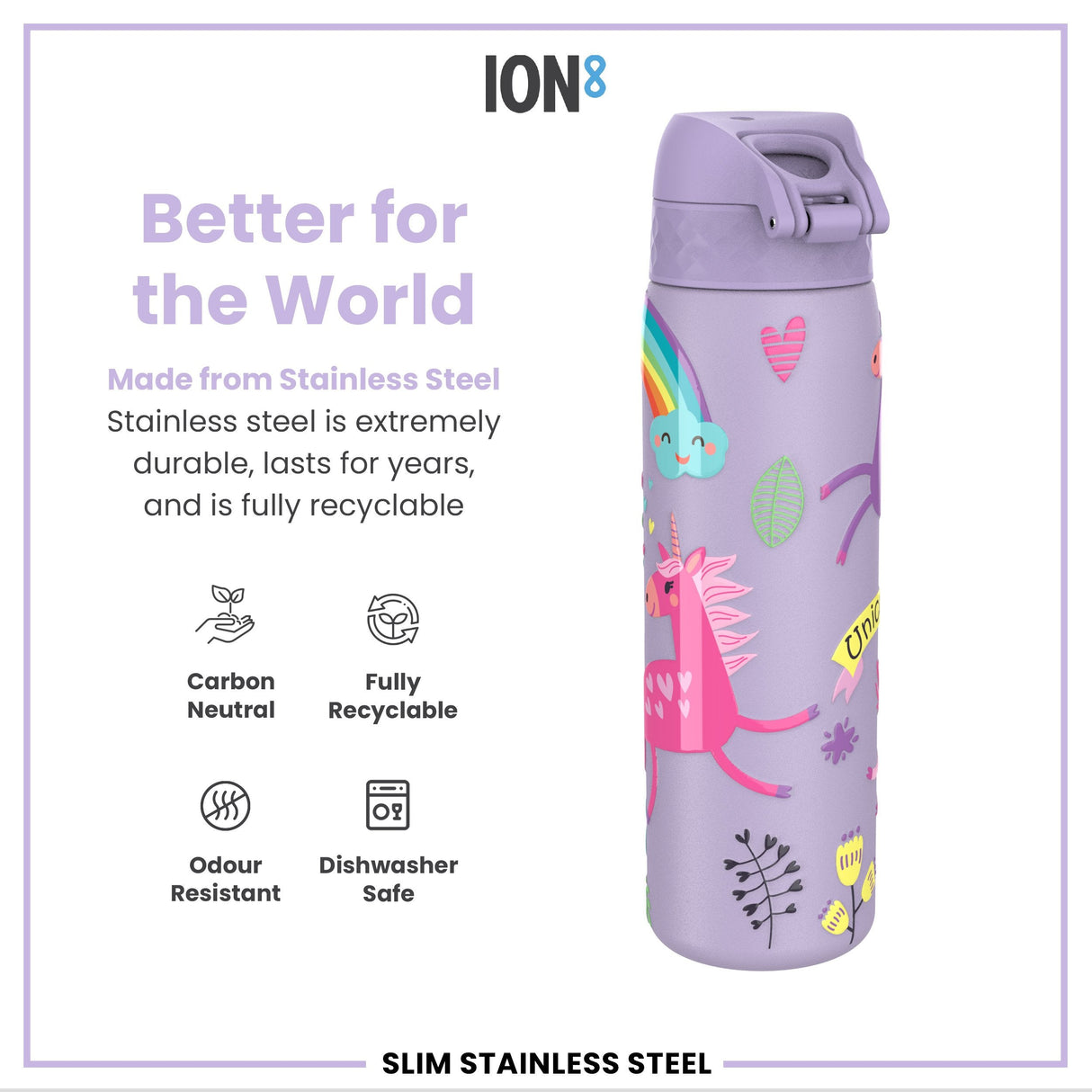 ION8 Leak Proof Slim Water Bottle, Stainless Steel, Purple Unicorns, 600ml (20oz)