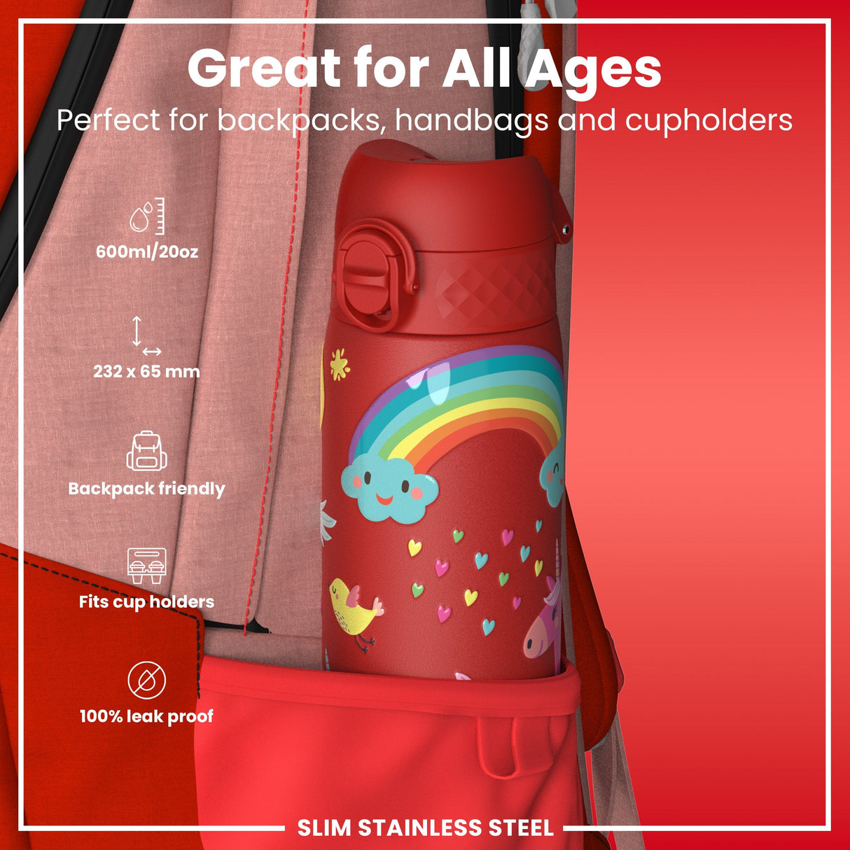 ION8 Leak Proof Slim Water Bottle, Stainless Steel, Red Unicorns, 600ml (20oz)