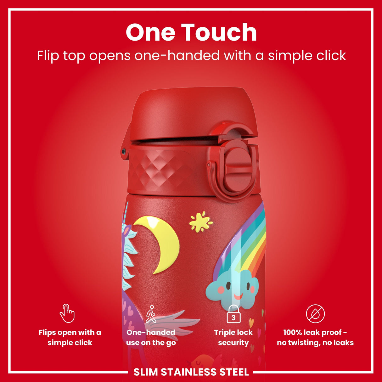 ION8 Leak Proof Slim Water Bottle, Stainless Steel, Red Unicorns, 600ml (20oz)
