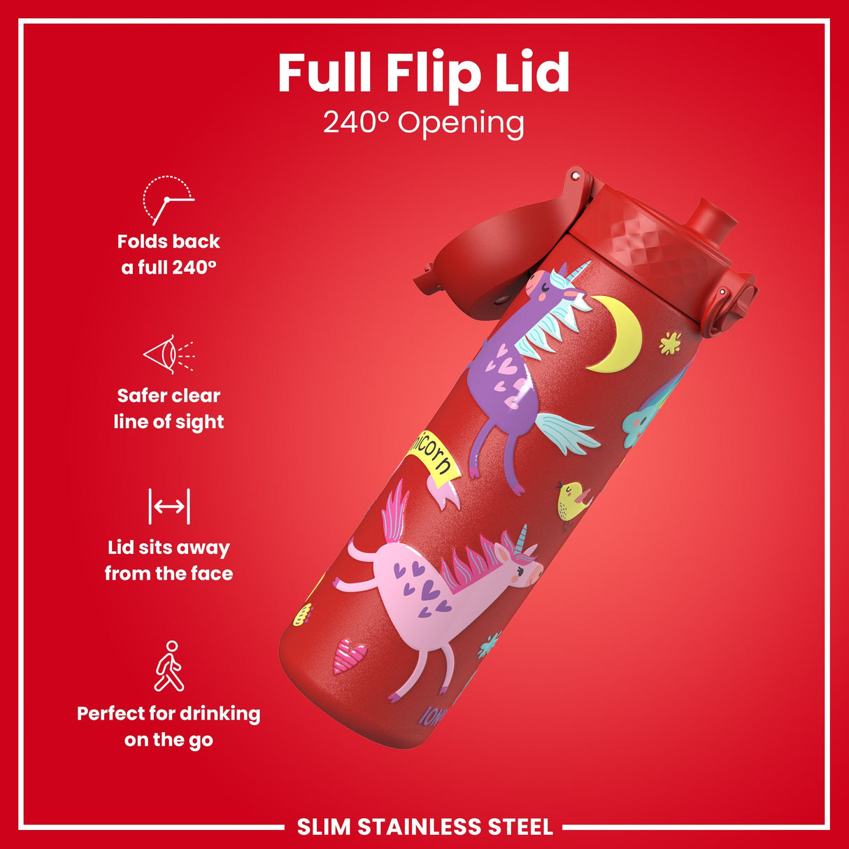 ION8 Leak Proof Slim Water Bottle, Stainless Steel, Red Unicorns, 600ml (20oz)