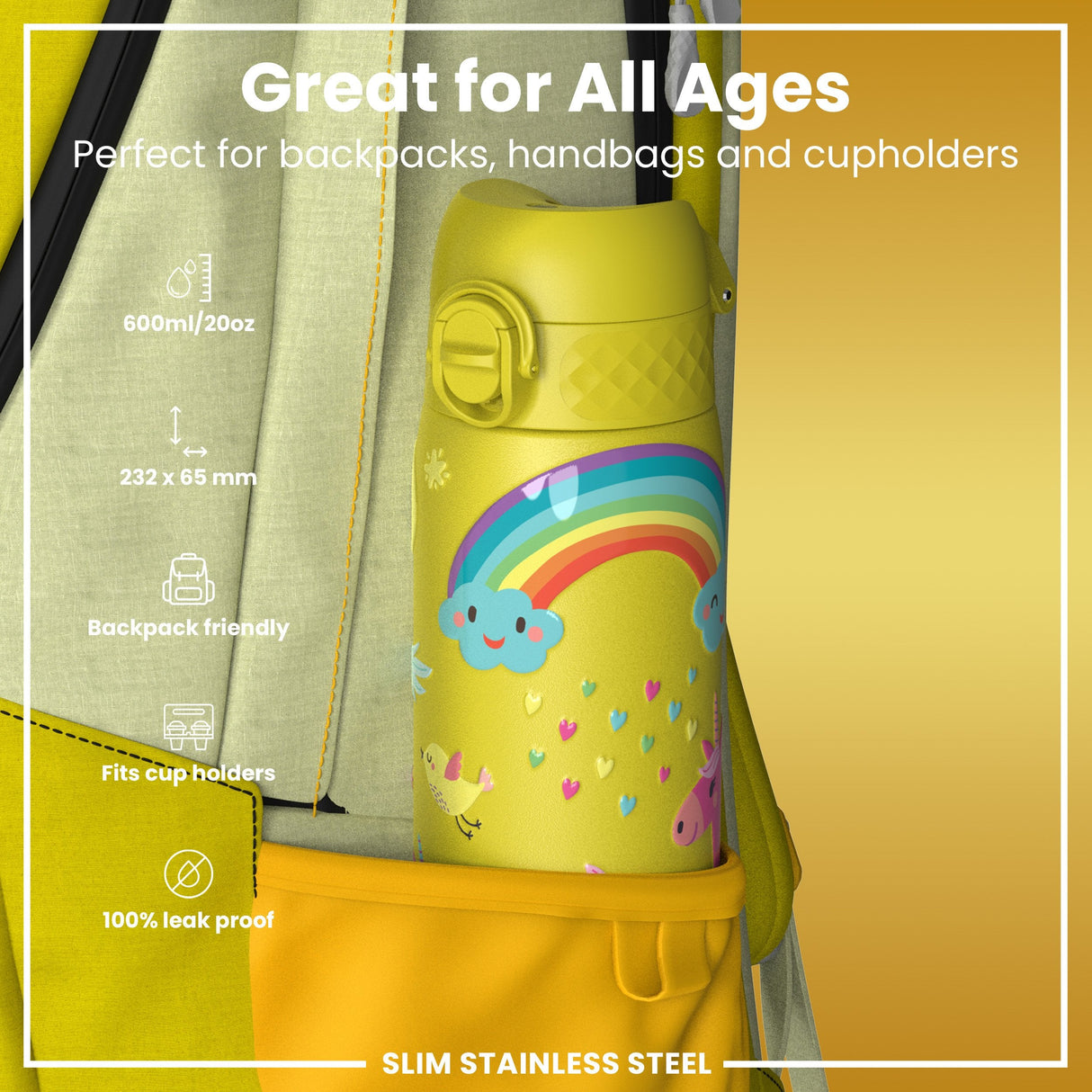 ION8 Leak Proof Slim Water Bottle, Stainless Steel, Yellow Unicorns, 600ml (20oz)