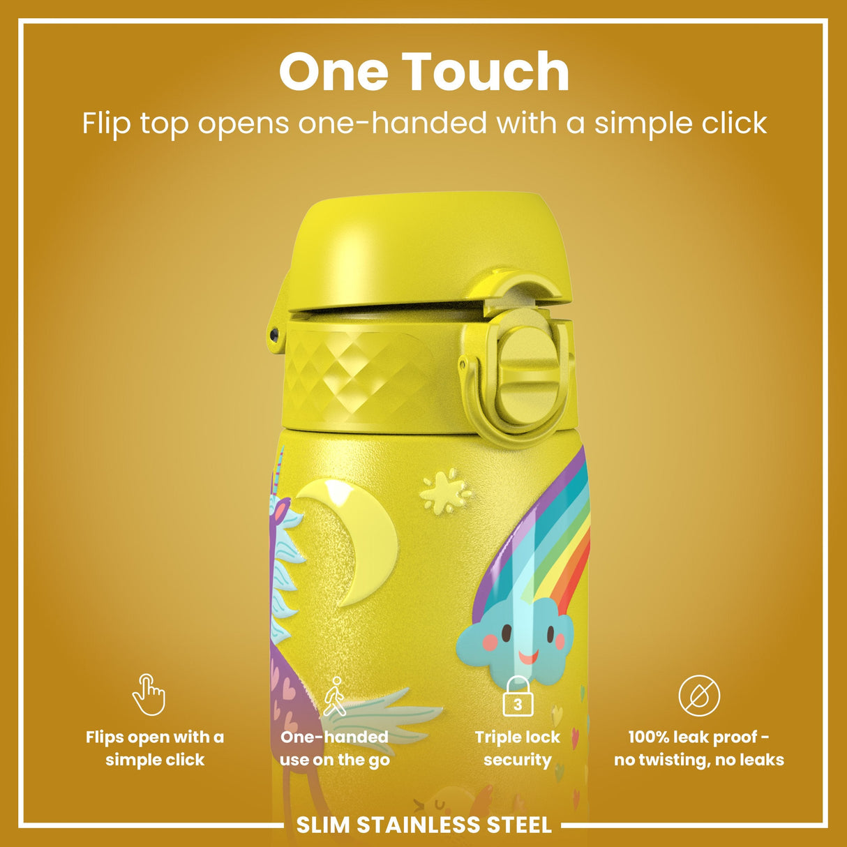 ION8 Leak Proof Slim Water Bottle, Stainless Steel, Yellow Unicorns, 600ml (20oz)
