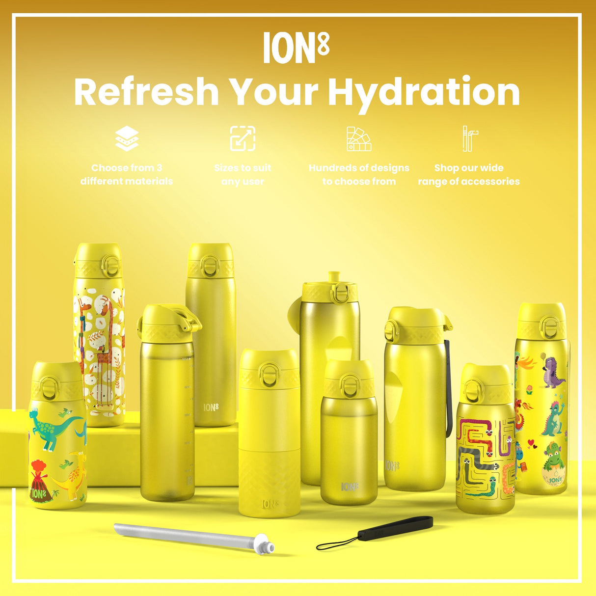 ION8 Leak Proof Slim Water Bottle, Stainless Steel, Yellow Unicorns, 600ml (20oz)