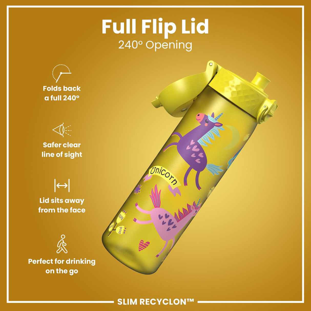 ION8 Leak Proof Slim Water Bottle, Recyclon, Yellow Unicorns, 500ml (18oz)